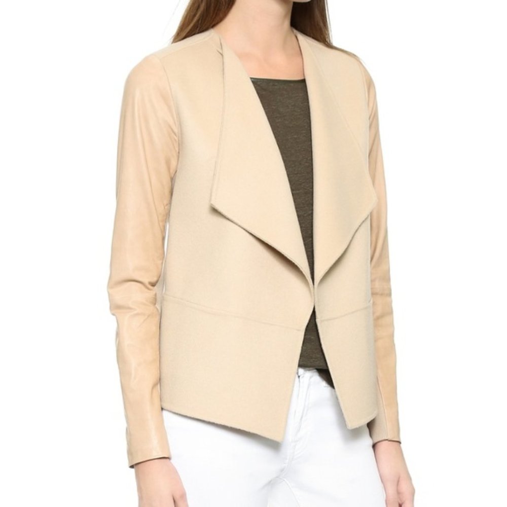 Vince Draped Front Leather Sleeve Wool Jacket XS & SM